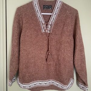 100% Alpaca Brown V-Neck Sweater with White Details Sz M